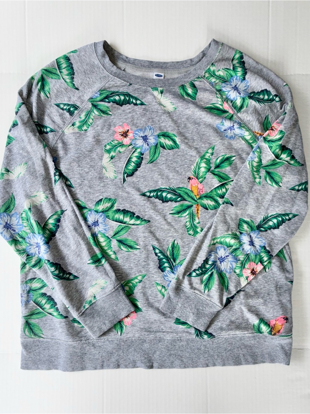 Old Navy Women’s Pullover Sweatshirt Gray Tropical Floral Bird Graphic Size XL